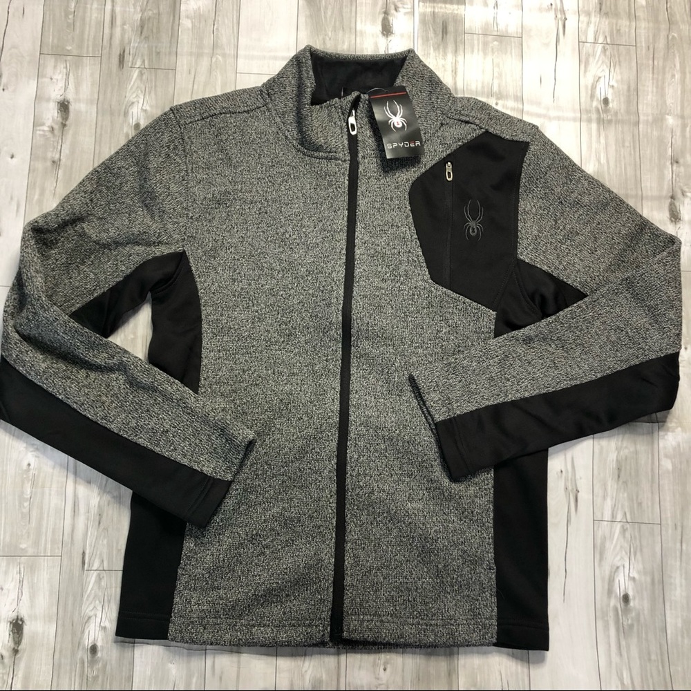 Spyder Jacket Mens Small NWT Coat Heather Gray BlackFull Zip Logo Zip Pocket